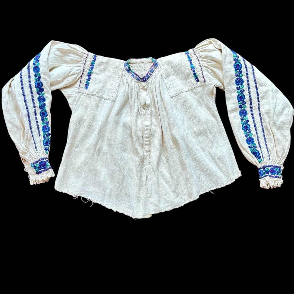 Vintage Romanian Homespun Linen Handmade Embroidered Traditional Folk Blouse